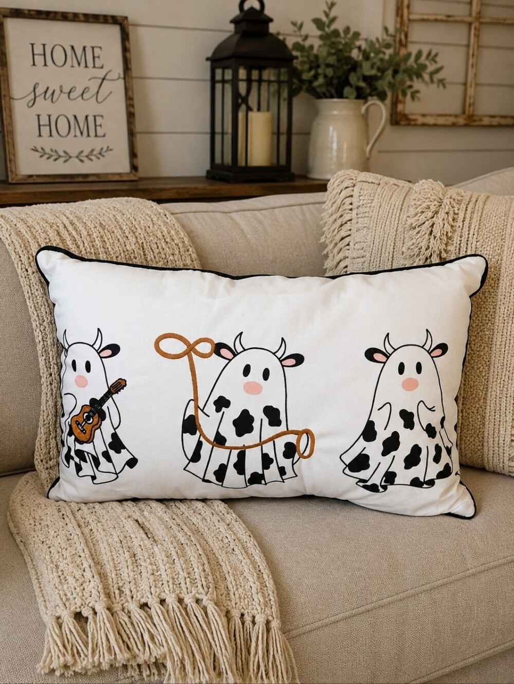 Ghost Cows Cowboy Bulls Decorative Accent Throw Pillow Guitar and Lasso